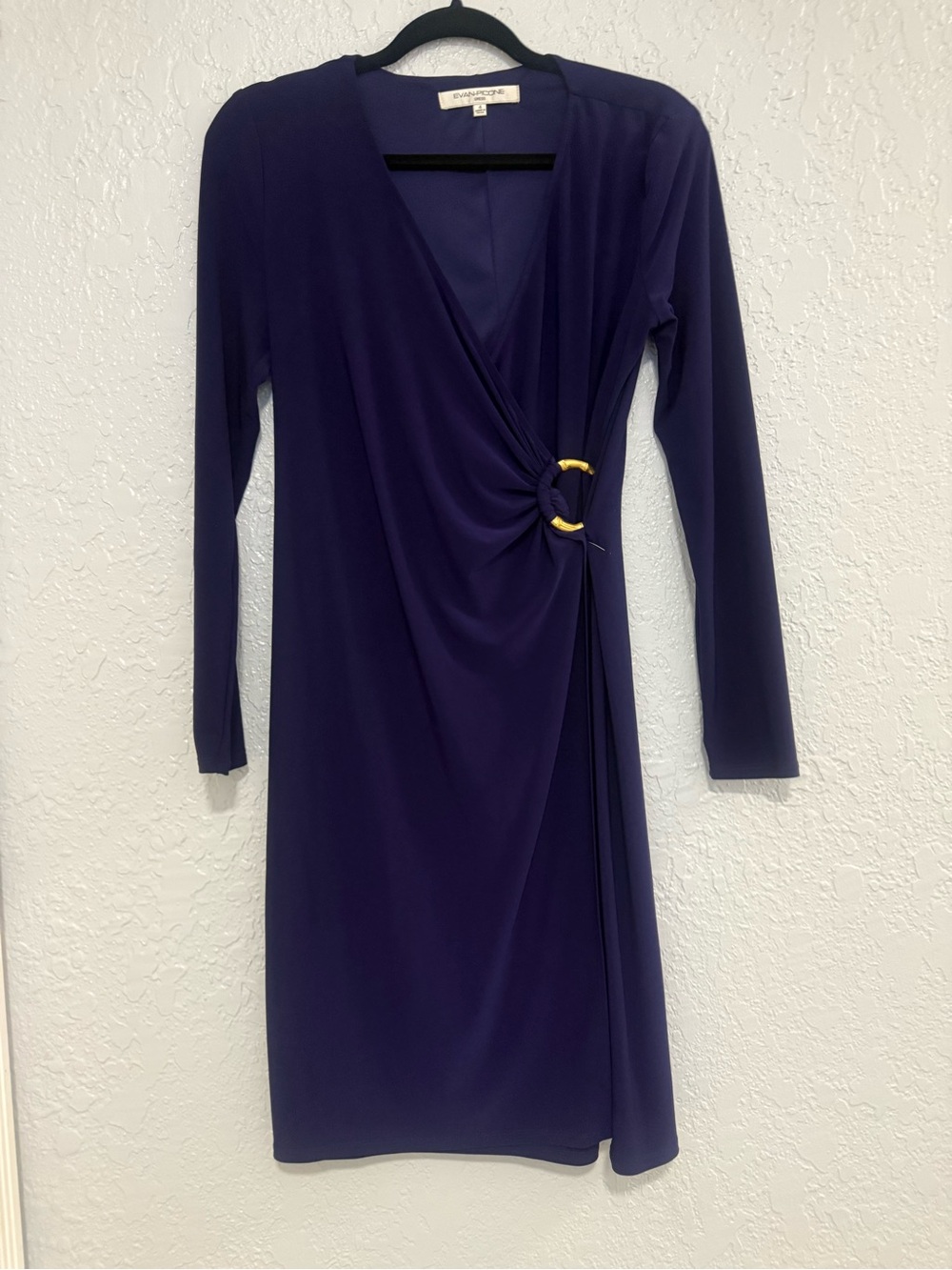 Evan Picone Purple Long-Sleeve Faux-Wrap Dress with Gold Ring